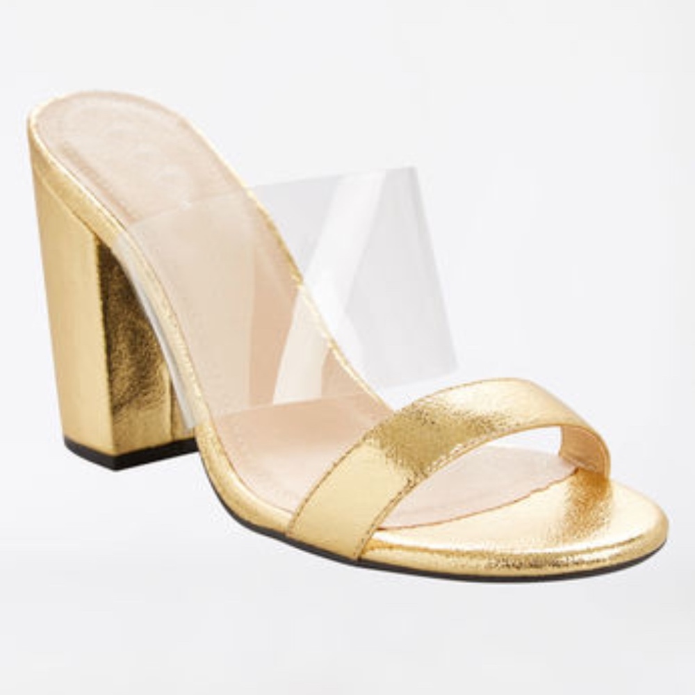 Open Toed Gold Mules with Clear Strap & Block Heel